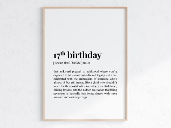 17th Birthday Definition Print Sarcastic Dictionary Poster Funny Gift For Daughter Or Son
