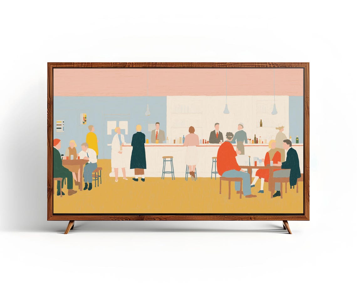 Minimalist Bar Scene Retro People Illustration Mid Century Poster
