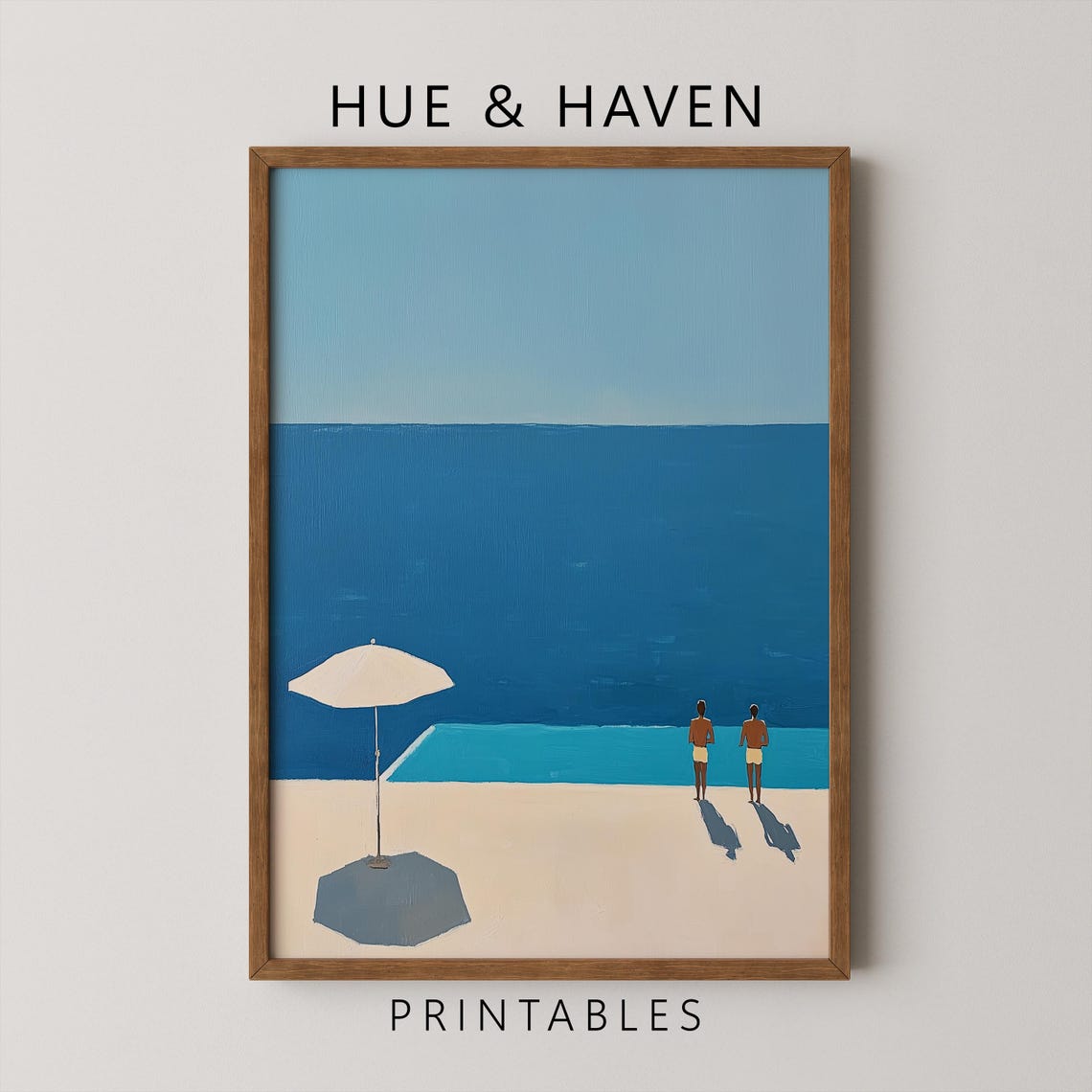 Minimalist Beach Two Figures Umbrella Ocean Calm Coastal Art Poster
