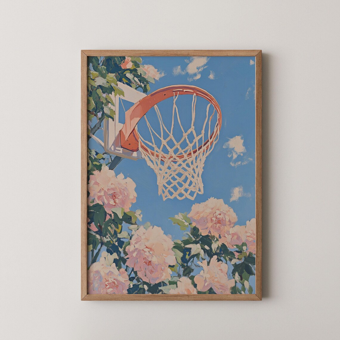 Basketball Hoop Net With Pink Roses Floral Pop Art Sports Poster