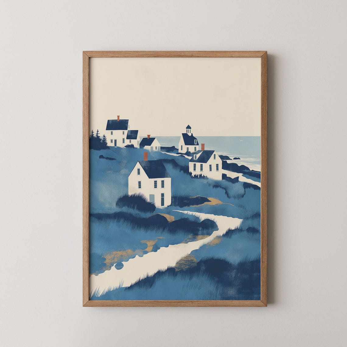 New England Seaside White Cottages Coastal Dunes Illustration Poster