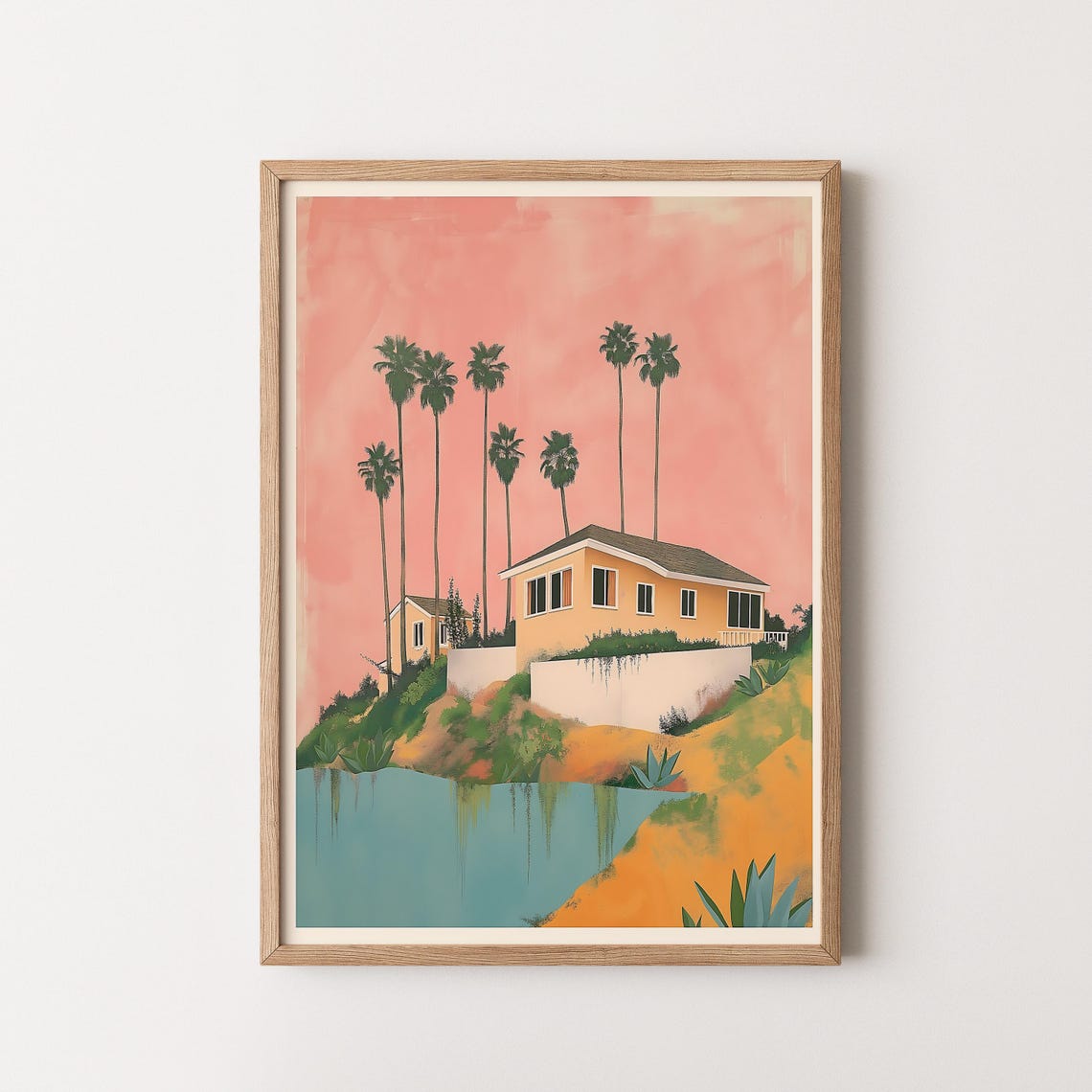 San Diego Palm Trees Hillside House Retro California Coast Poster