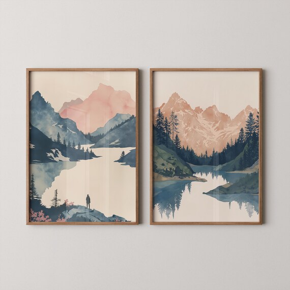 Mountain Lake Set of Two Watercolor Paintings Pink Peaks Alpine Art Poster