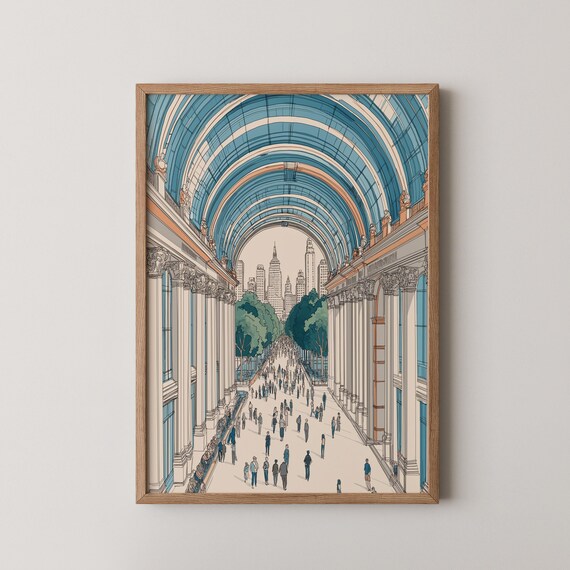 Grand Museum Hall Arched Glass Ceiling Crowd Illustration Poster
