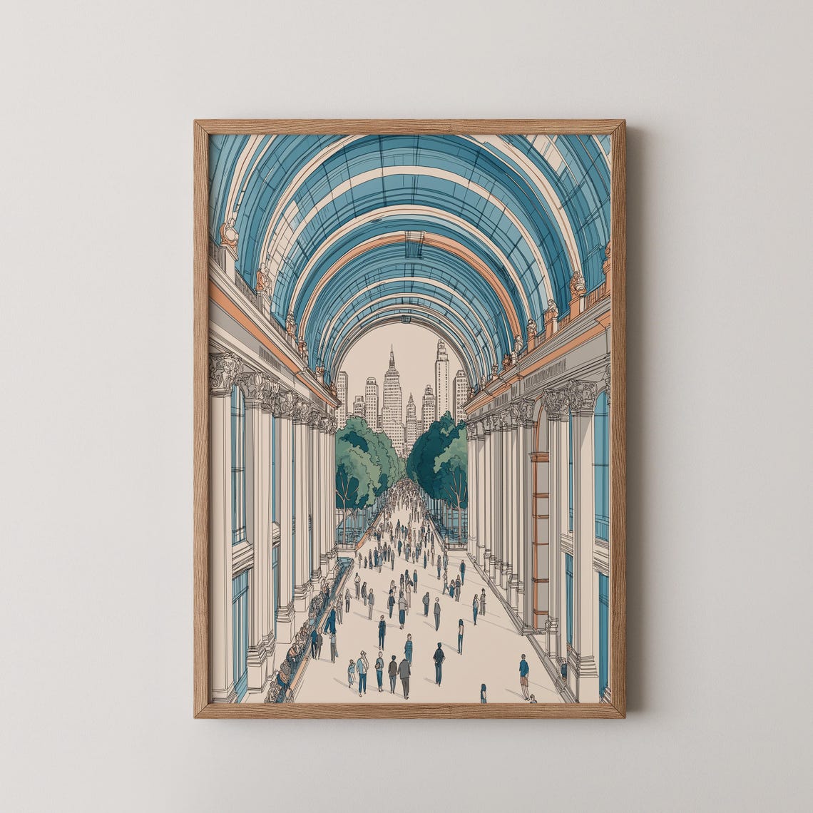 Grand Museum Hall Arched Glass Ceiling Crowd Illustration Poster