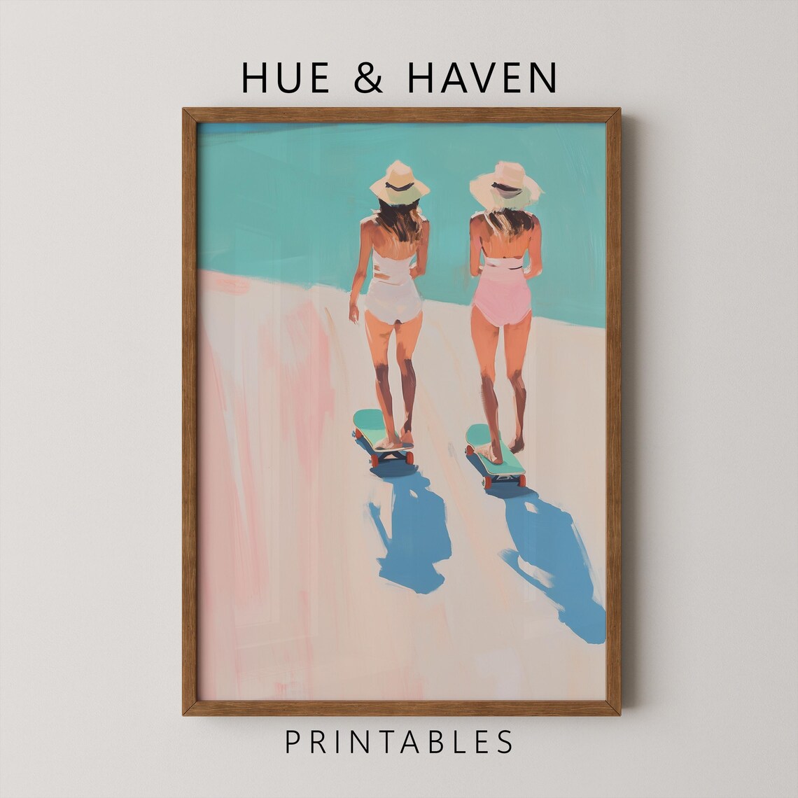 Girls Skateboarding Beach Pastel Art Print Coastal Skater Friends