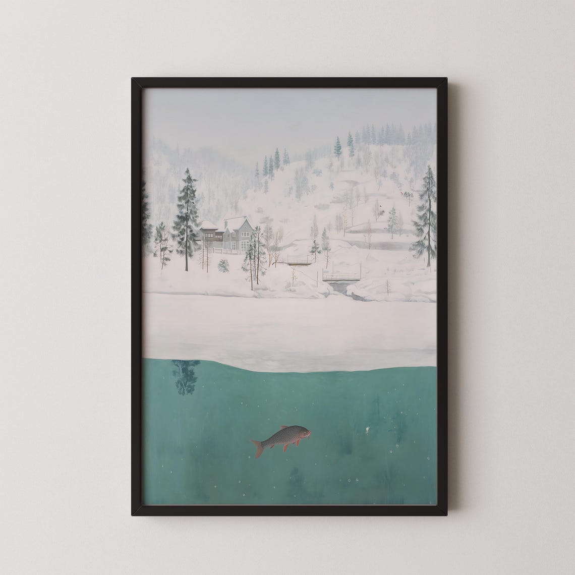 Winter Lake Landscape Art Print with Snowy Cabin and Fish Underwater