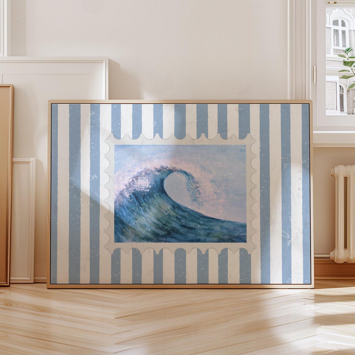 Ocean Wave Curl Blue Watercolor Stamp Coastal Beach Stripe Art Poster
