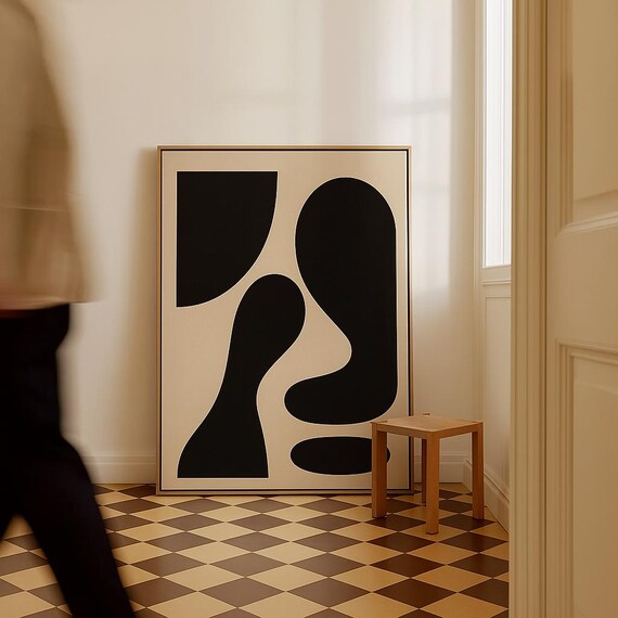 Modern Black Beige Abstract Art Bold Neutral Shapes Minimalist Organic Print