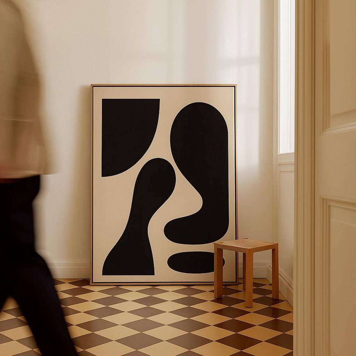 Bold Black Organic Shapes Neutral Beige Modern Minimalist Art Poster