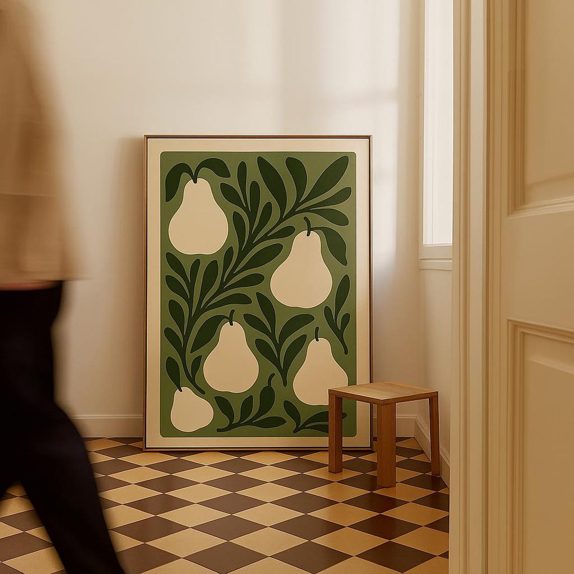 Minimalist Green Pears Botanical Midcentury Kitchen Art Poster