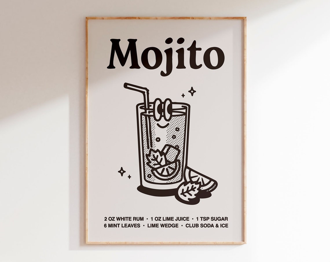 Mojito Cocktail Recipe Black Line Art Kitchen Bar Cart Poster