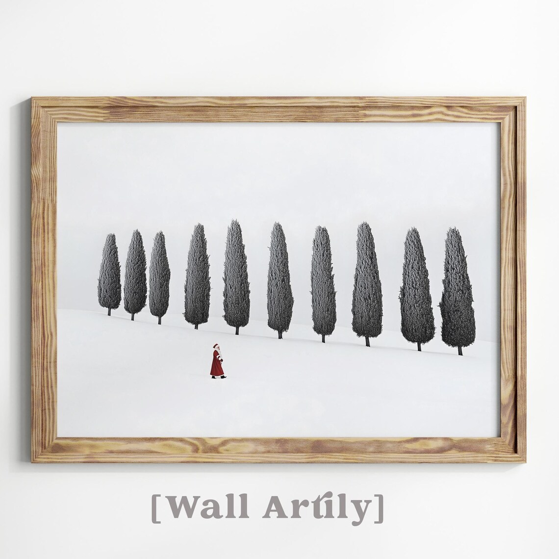 Minimalist Santa Claus Walking Past Cypress Trees Snow Art Poster