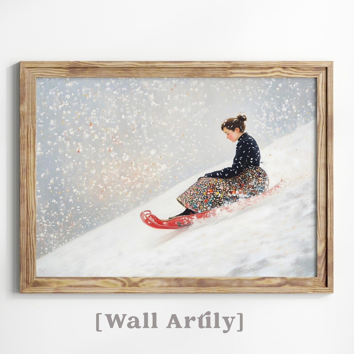 Woman Riding Red Toboggan Sled In Falling Snow Winter Art Poster