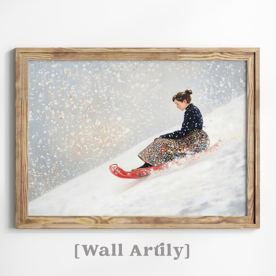 Woman Riding Red Toboggan Sled In Falling Snow Winter Art Poster