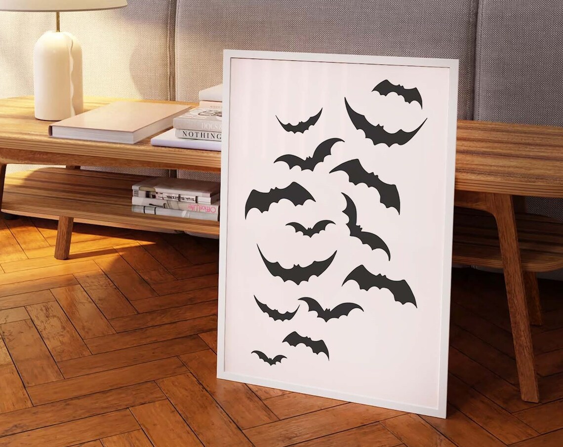 Flying Bat Silhouettes Minimal Black on White Halloween Poster