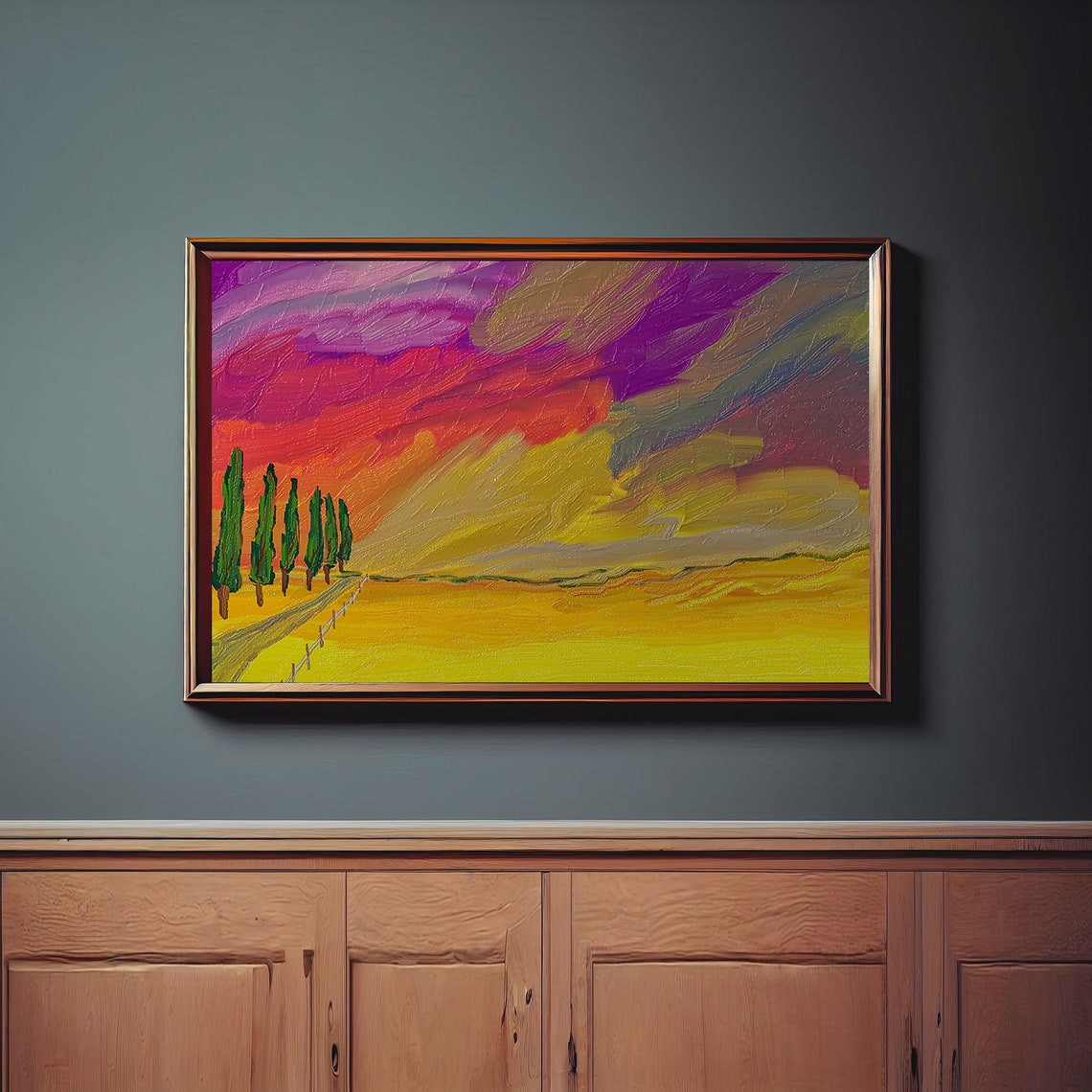 Tall Cypress Trees Against Dramatic Sunset Sky Impasto Art Print - Image 2