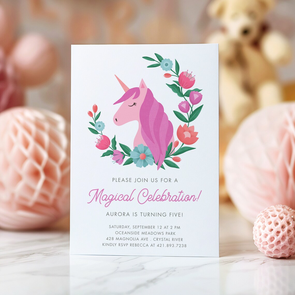 Magical Pink Unicorn Floral Wreath Fifth Birthday Invitation Print - Image 2