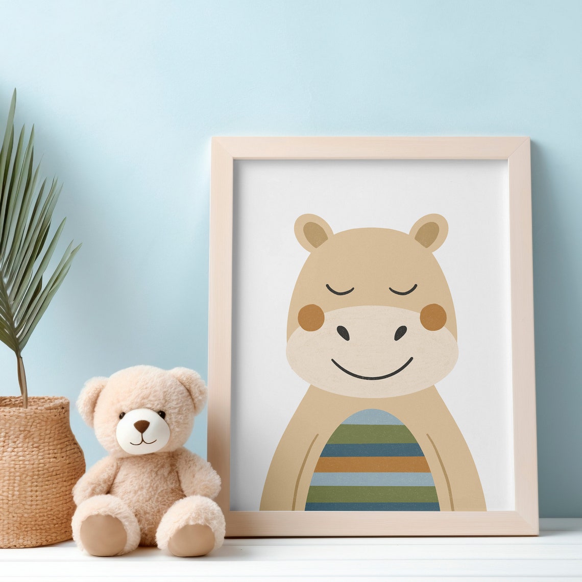 Cute Smiling Hippo With Striped Belly Safari Nursery Room Print - Image 3