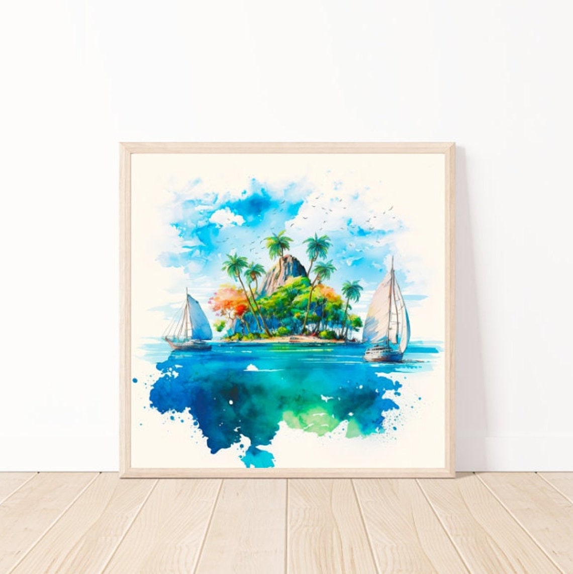Sailing In Paradise Watercolor Wall Art Beach Landscape Art Beach Art Print Beach Decor Tropical Scrapbooking