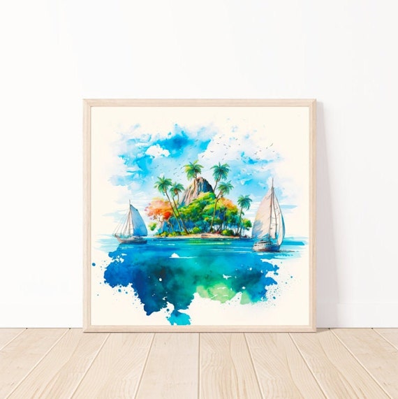 Sailing In Paradise Watercolor Wall Art Beach Landscape Art Beach Art Print Beach Decor Tropical Scrapbooking