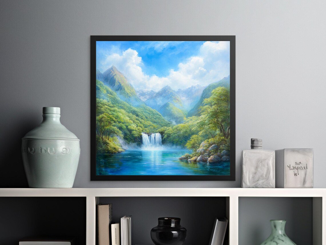Mountain Waterfall Lush Green Forest Lake Serene Valley Nature Poster - Image 2