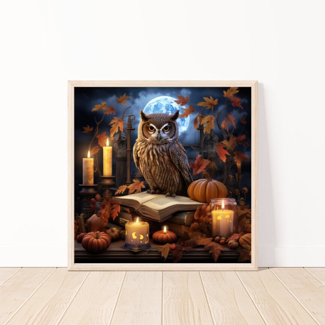 Halloween Owl on Books with Candles Pumpkins and Autumn Moon Poster