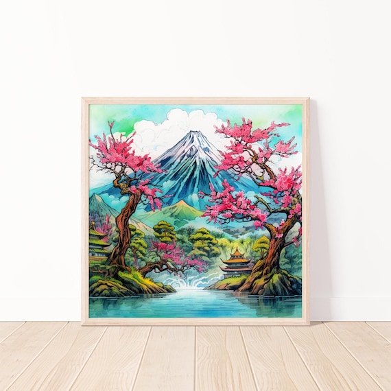 Japanese Landscape Wall Art Sakura Cherry Blossom Japanese Mountain Scene Nature Home Decor Print 20x20