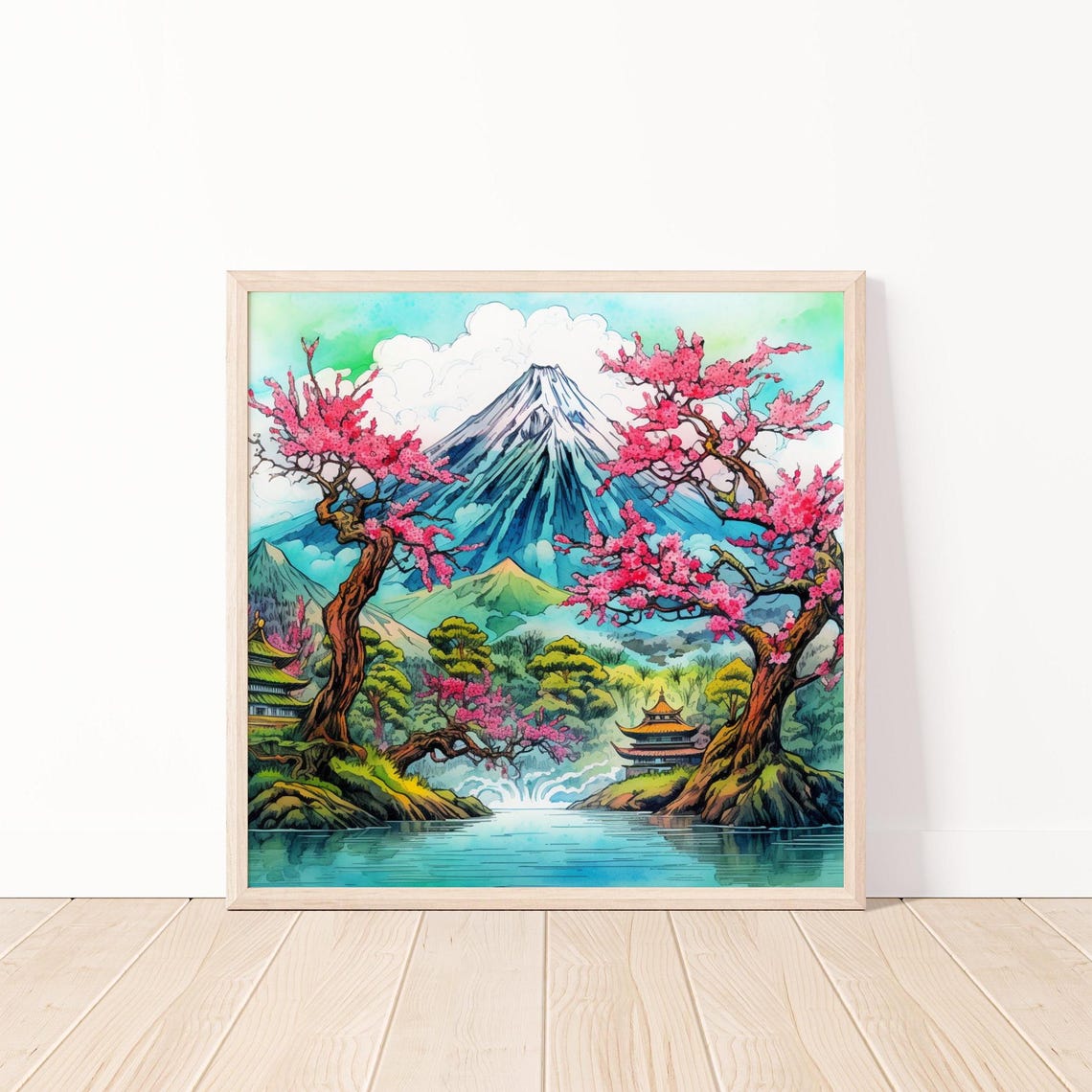 Mount Fuji With Cherry Blossoms Waterfall and Pagoda View Poster