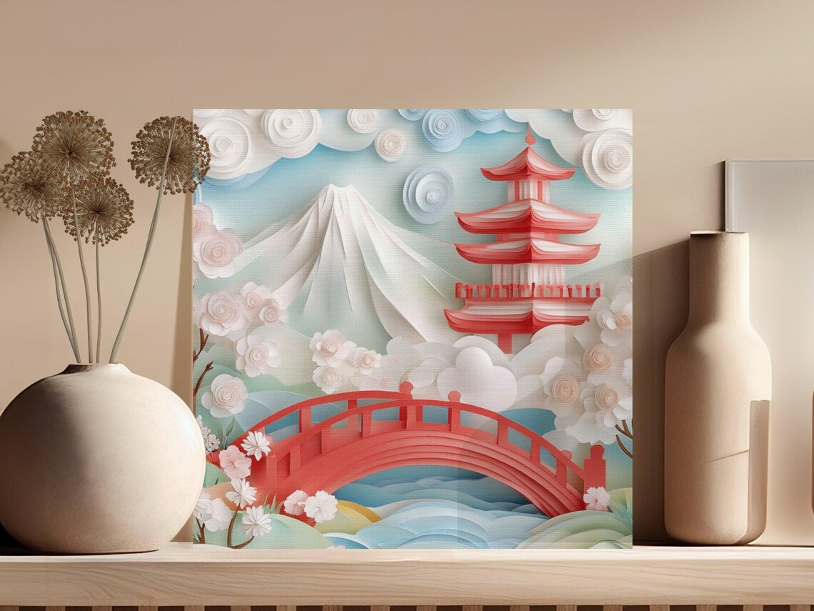 Japanese Landscape, Cherry Blossom Pagoda and Bridge Art Print - Image 3