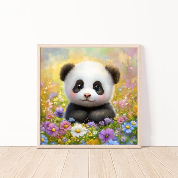 Adorable Baby Panda Cub Sitting in a Field of Wildflowers Poster