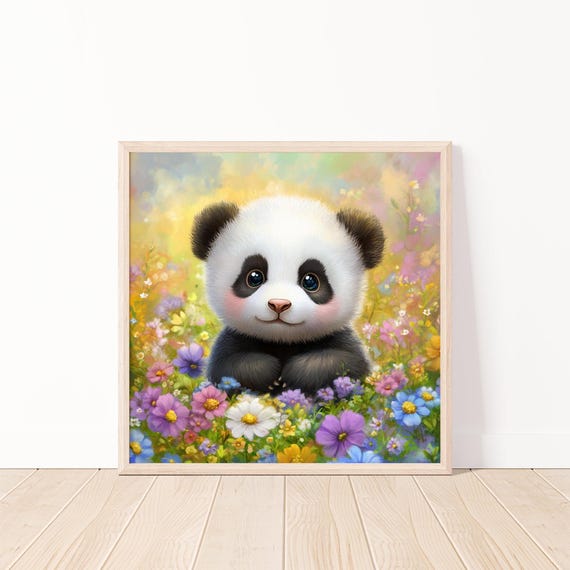 Cute Panda Art Wall Print Panda In Flower Field Nursery Wall Art Kids Room Decor Baby Animal Instant 20x20