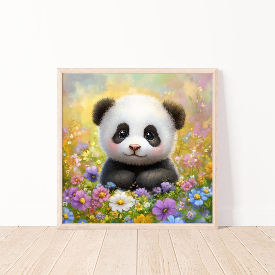 Adorable Baby Panda Cub Sitting in a Field of Wildflowers Poster