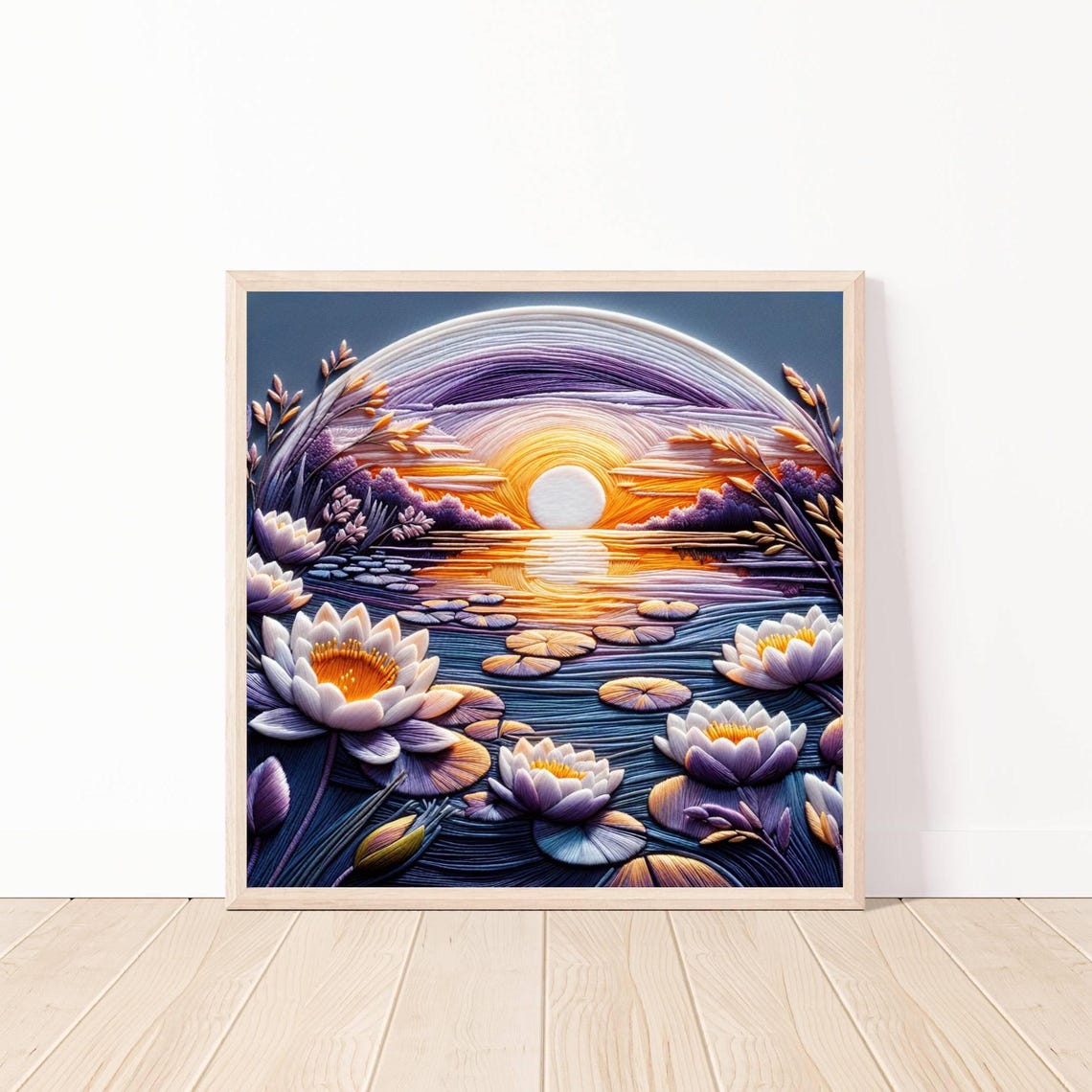 Sunset Water Lily Embroidery Art With Purple And Gold Threads Poster