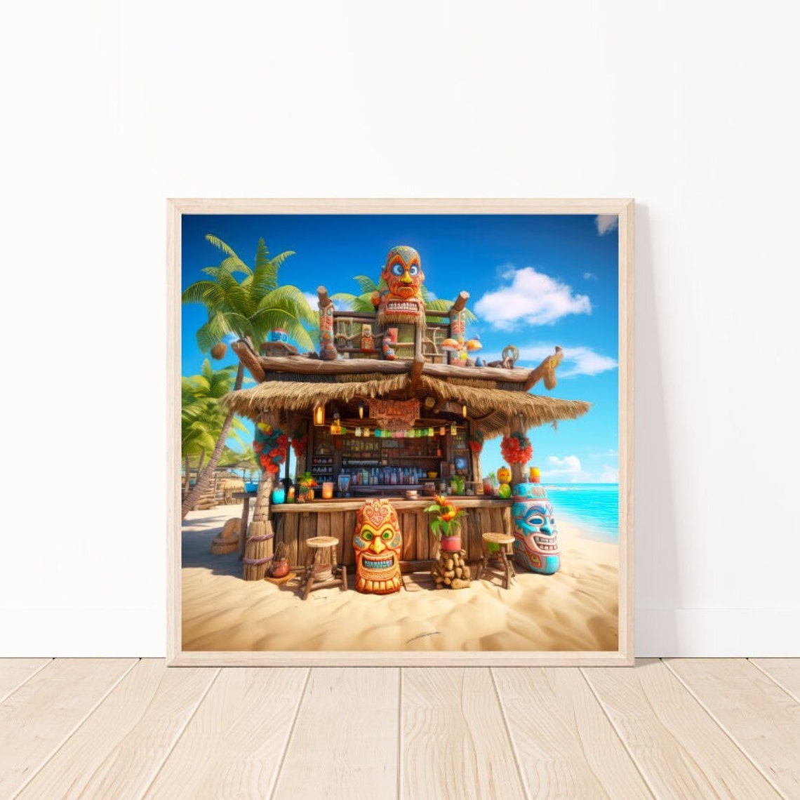 Tropical Tiki Beach Bar with Carved Statues and Palm Trees Poster