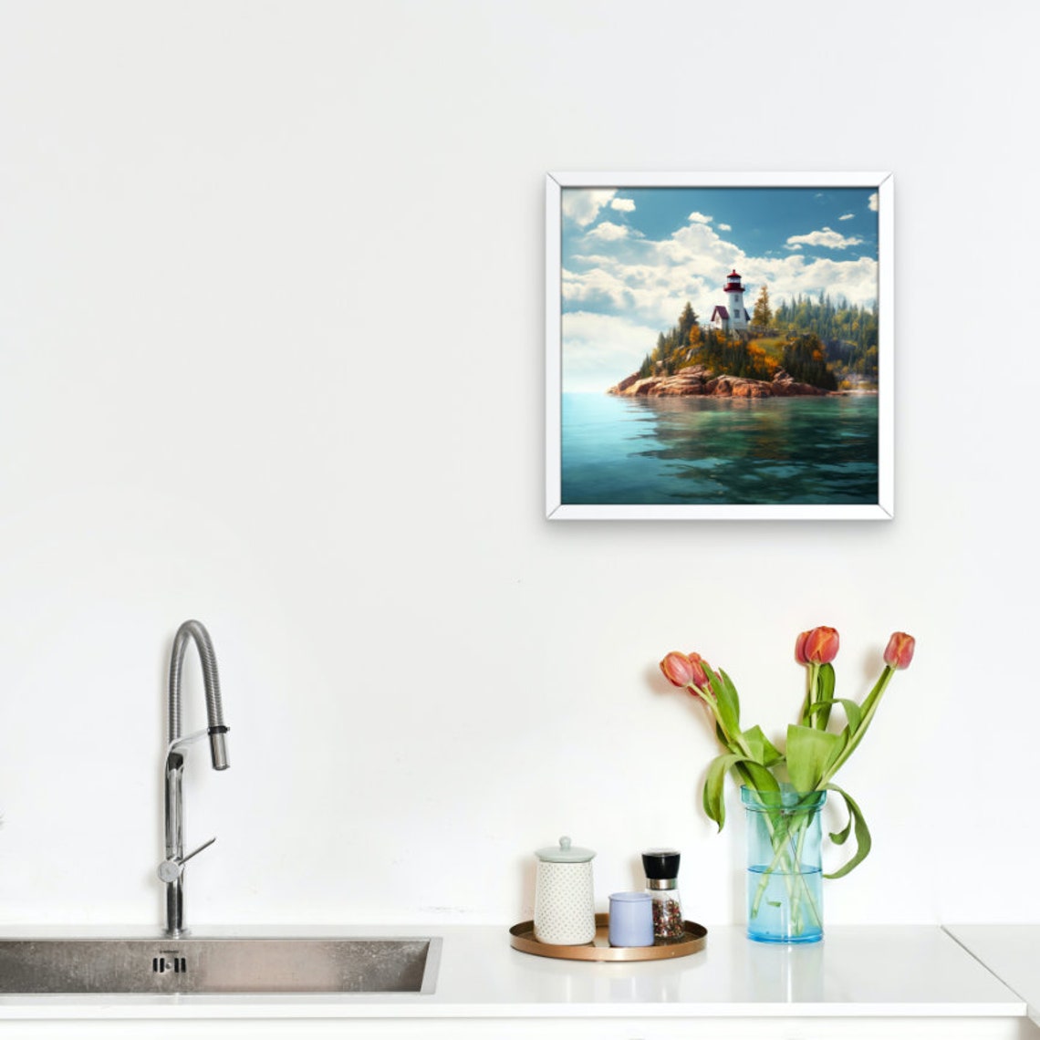 Red Lighthouse Forested Island Rocky Point Coastal Scene Art Poster - Image 2