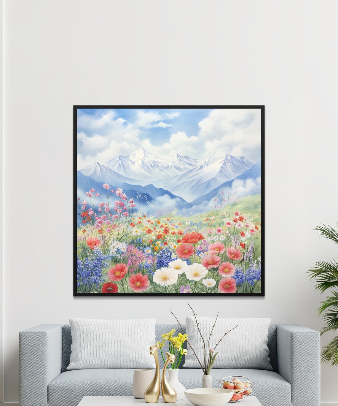 Alpine Wildflower Meadow Snow Capped Peaks Scenic Mountain Art Poster