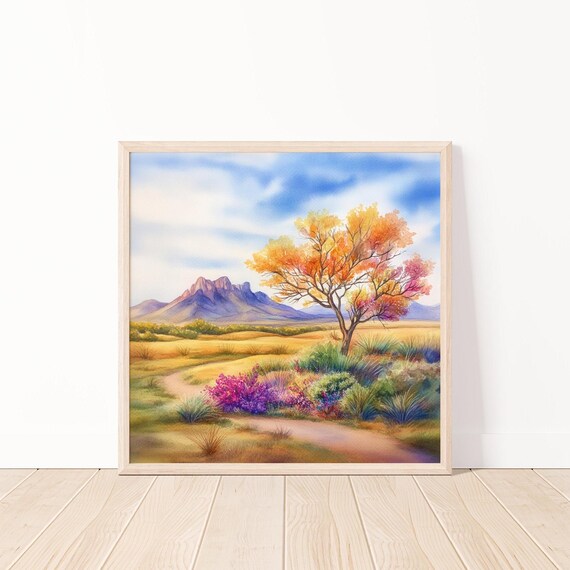 Vibrant Autumn Landscape Watercolor Orange Tree Wildflower Prairie Poster