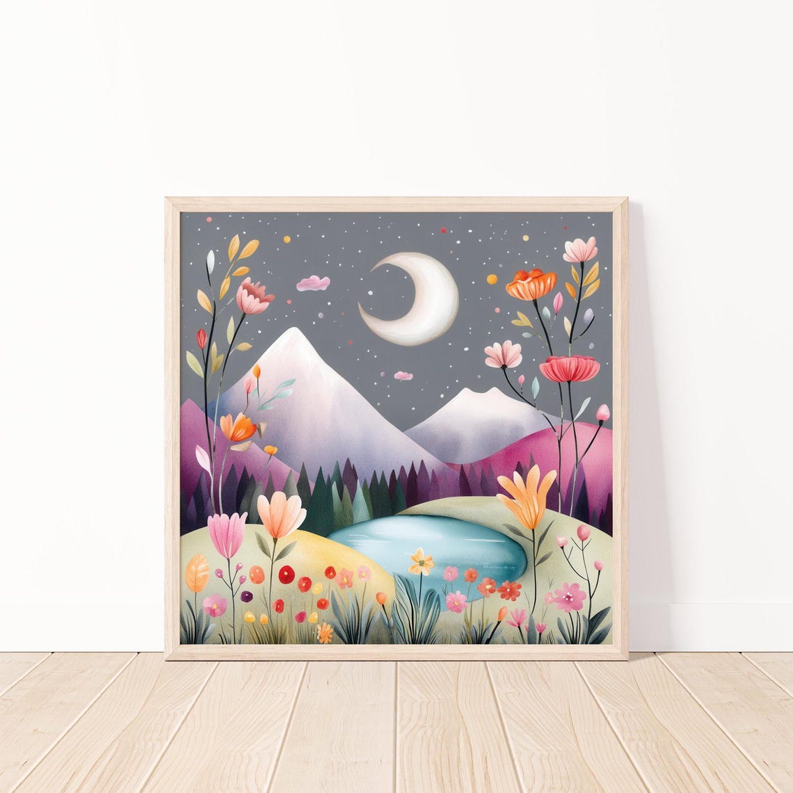 Whimsical Night Sky With Crescent Moon Over Mountain Lake Poster