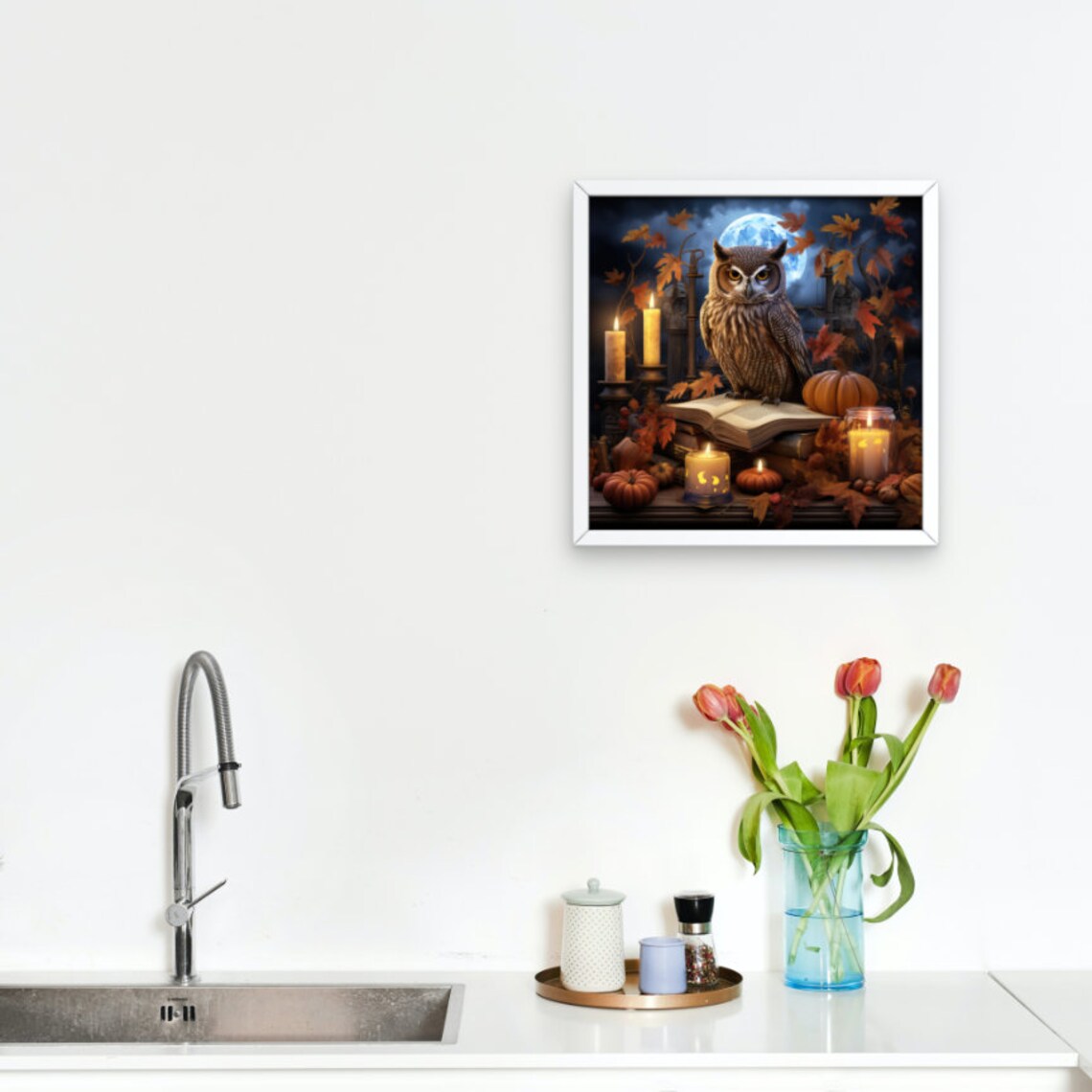 Halloween Owl on Books with Candles Pumpkins and Autumn Moon Poster - Image 5