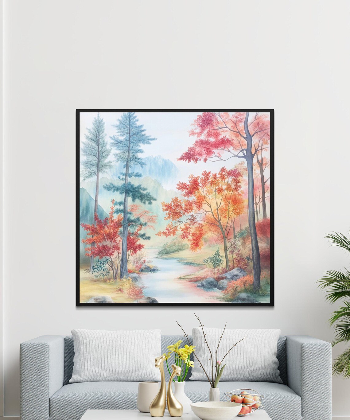 Autumn Forest Watercolor Red Maples Blue Pines Stream Fall Scene Poster - Image 4