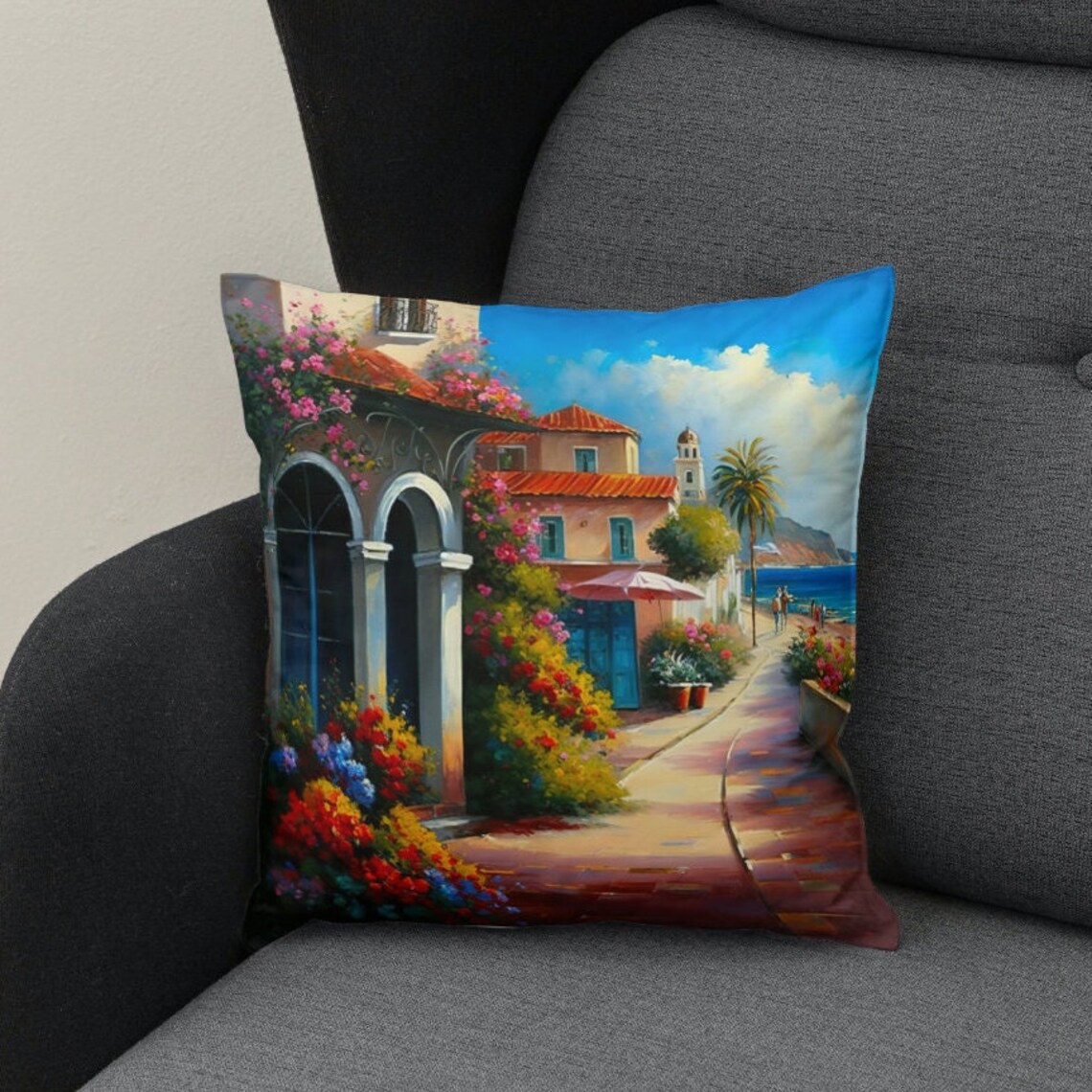 Mediterranean Seaside Village Bougainvillea Coastal Oil Art Poster - Image 2