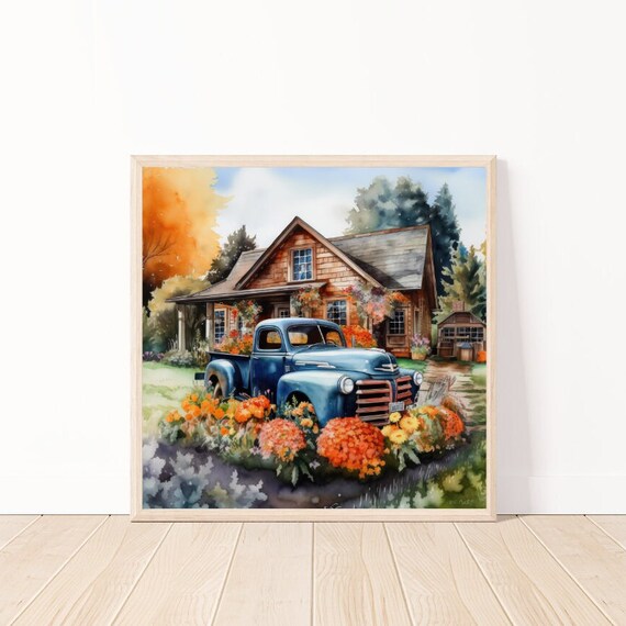 Vintage Blue Pickup Truck Flower Farm Autumn Farmhouse Art Poster