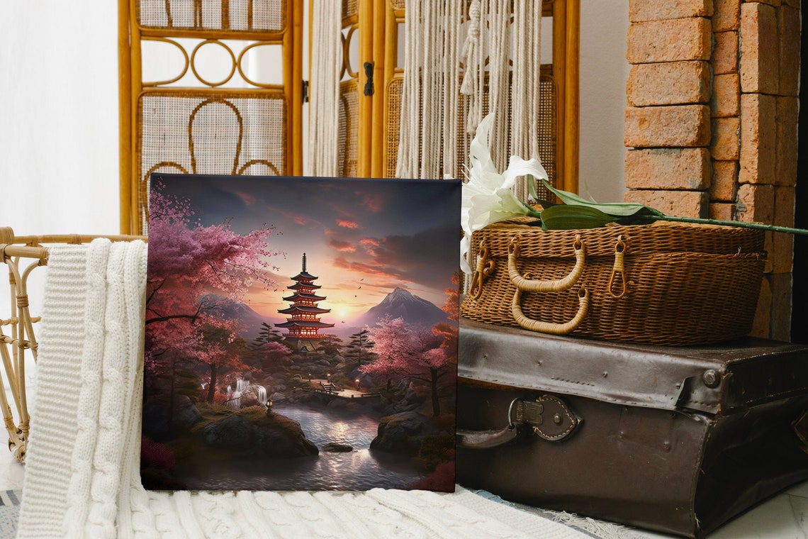 Japanese Pagoda Sunset Cherry Blossoms and Mount Fuji Art Poster - Image 5