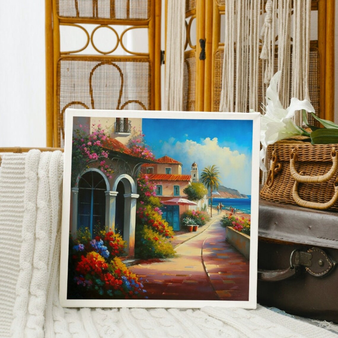 Mediterranean Seaside Village Bougainvillea Coastal Oil Art Poster - Image 3
