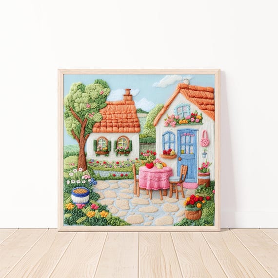 Charming Embroidery Cottage Garden Embroidery Art Needlework Wall Decor Pretty Home Decor Diy Art Print 20x20