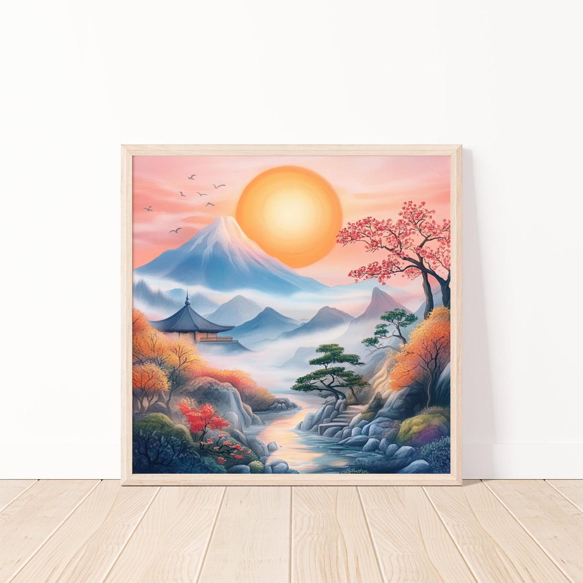 Japanese Mountain Sunset with Pagoda and Maple Trees Serene Poster