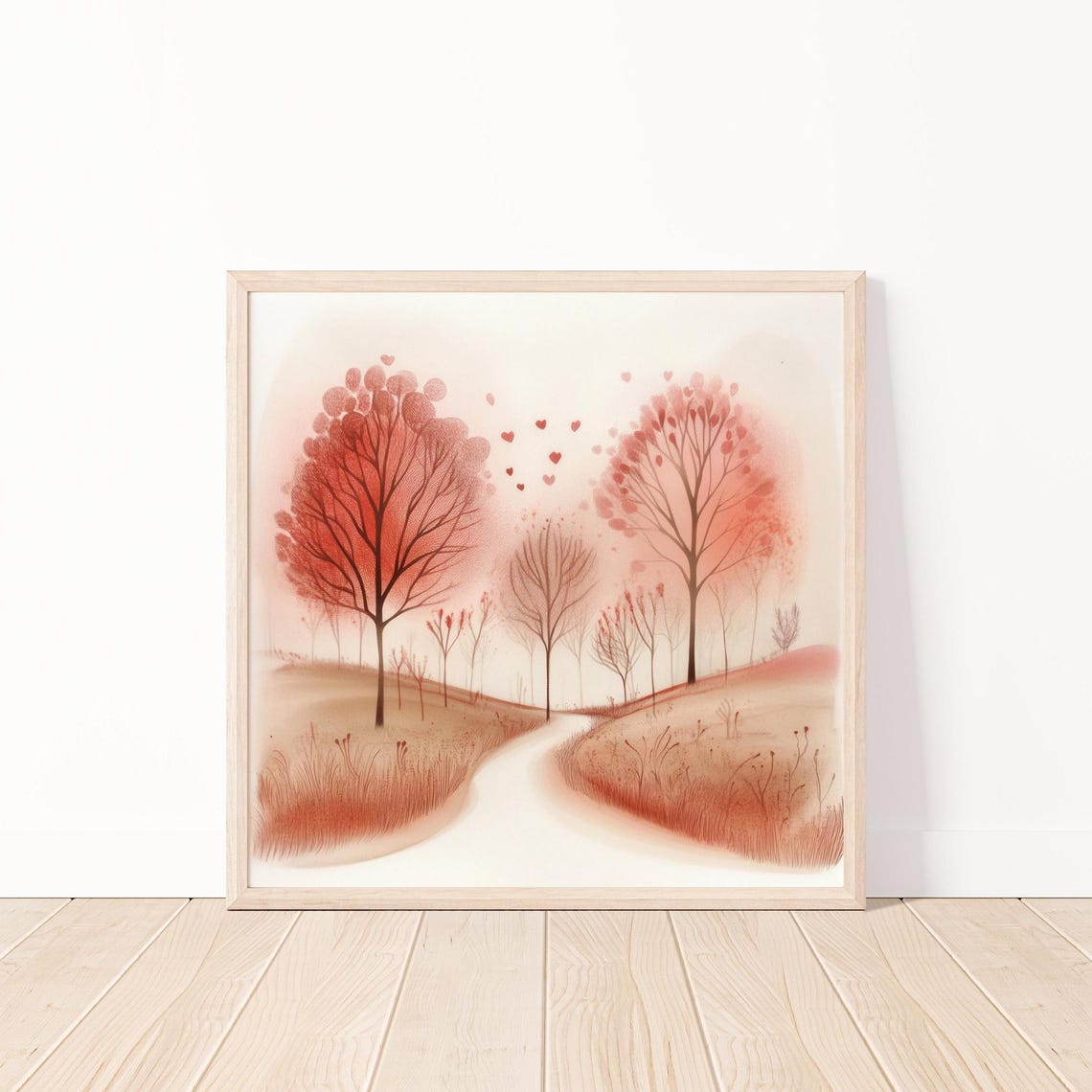Romantic Love Trees Heart Shaped Leaves Winding Path Autumn Art Poster