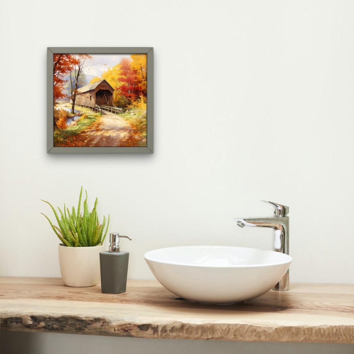 Covered Bridge Autumn Fall Foliage Country Stream Art Poster - Image 2