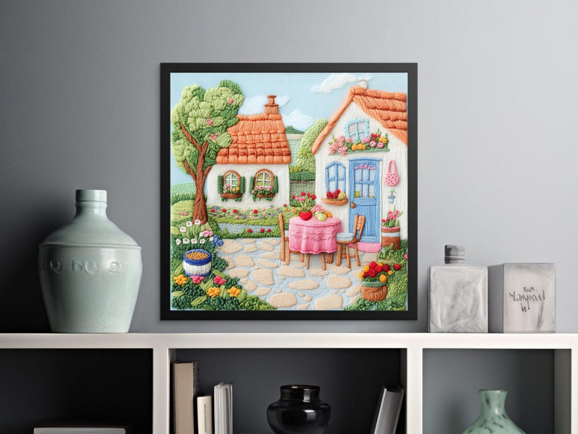 Embroidery Cottage Garden Stitched Floral Art Needlework Wall Poster - Image 2